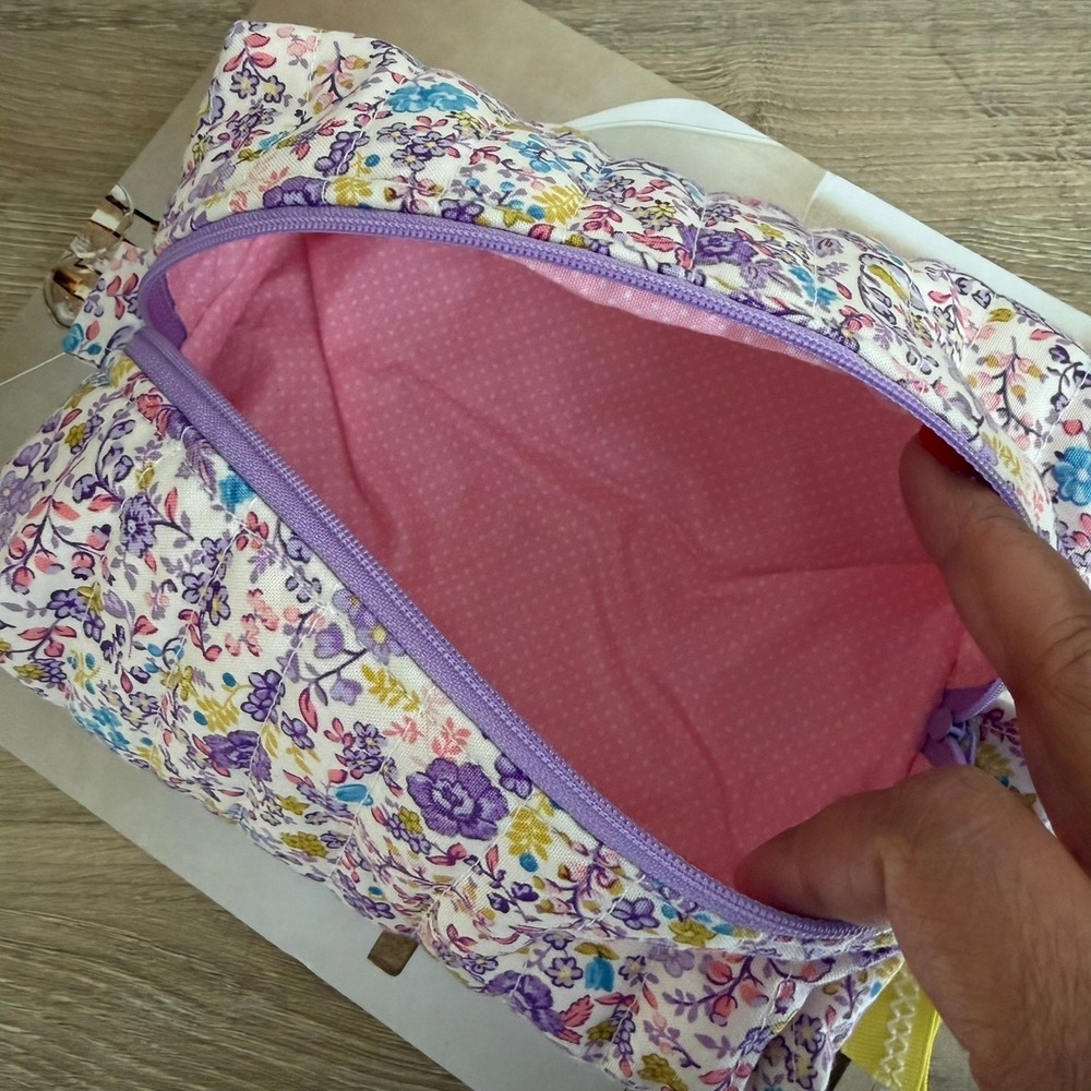 Floral Quilted Makeup Bag Purple Blue Wildflower Toiletry Pouch Cosmetic Case - Picture 5 of 6